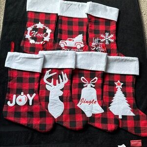Set of 7 Holiday Stockings Red and Black Buffalo Check Country Christmas Decor